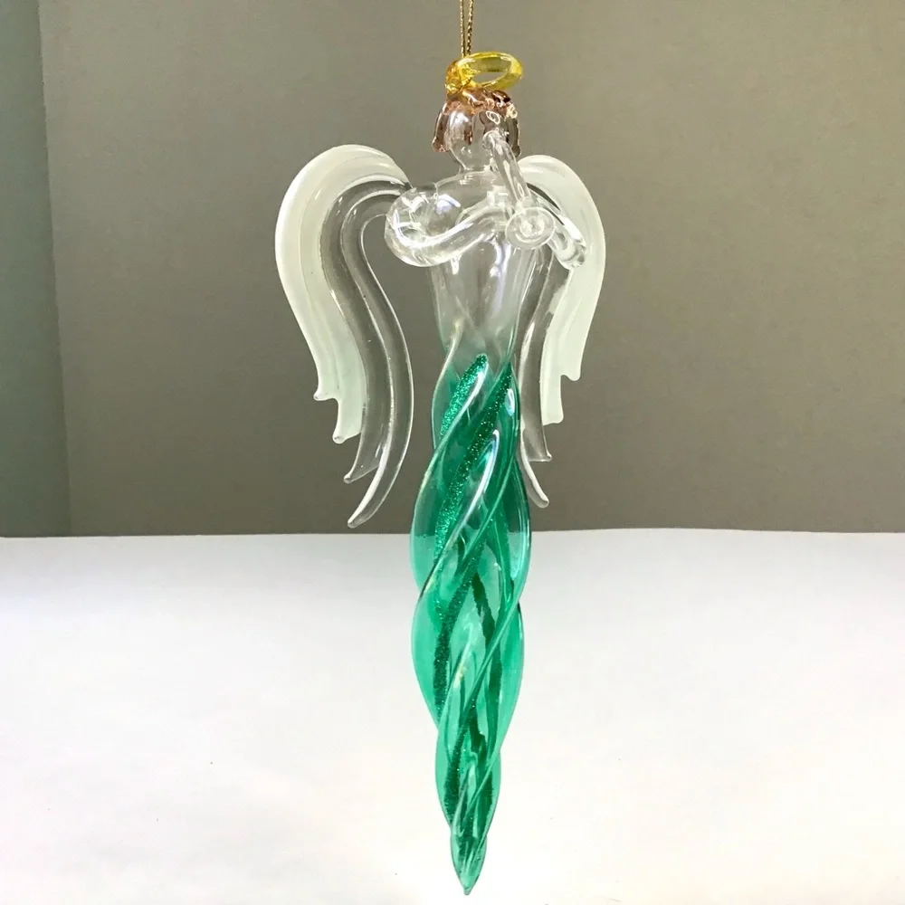 Angel Icicle Christmas Ornament Green Glitter Twisted Swirl Acrylic Wings Horn